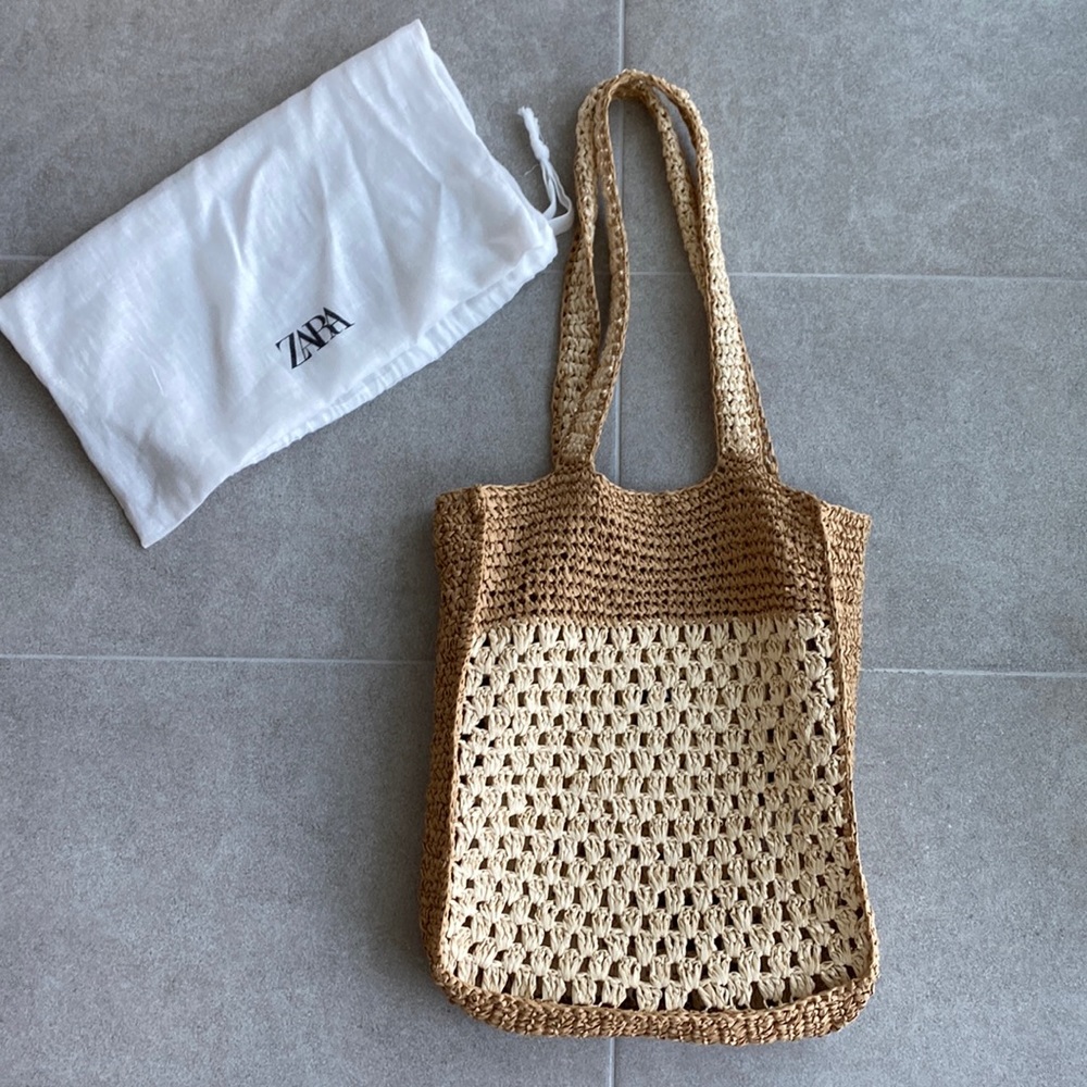 Zara Natural Contrast Woven Tote Bag